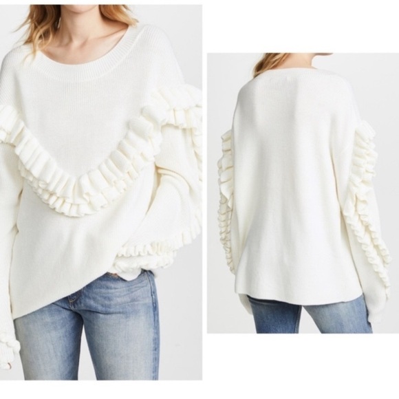 Frame Ruffle Yoke Ribbed Wool Blend Cream Knit Pullover Sweater - Picture 1 of 14